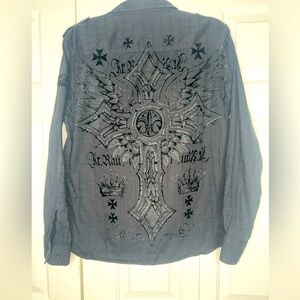 Raw State Redemption Y2K Black Button Up Flocked Velvet Angel Wings Cross Size L